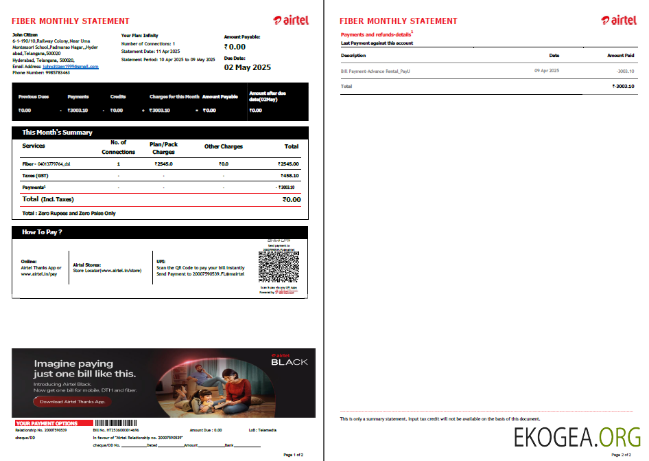 India Airtel utility bill template in Word and PDF formats, 2 pages, version 4